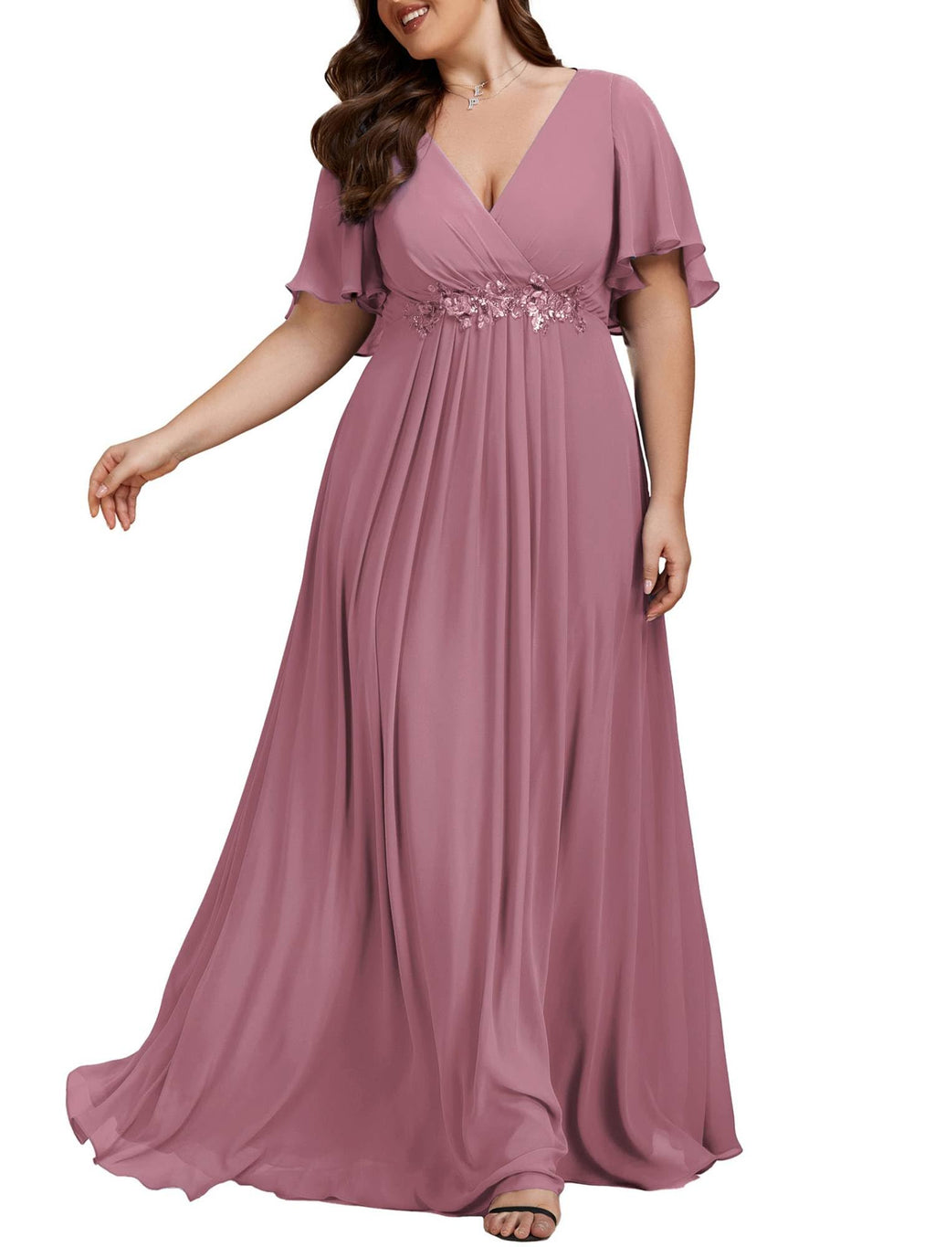 Ever-Pretty Women's Summer Plus Size Formal Dresses V Neck Applique Evening Gowns Mother of The Bride Dress for Curvy Women Orchid US16