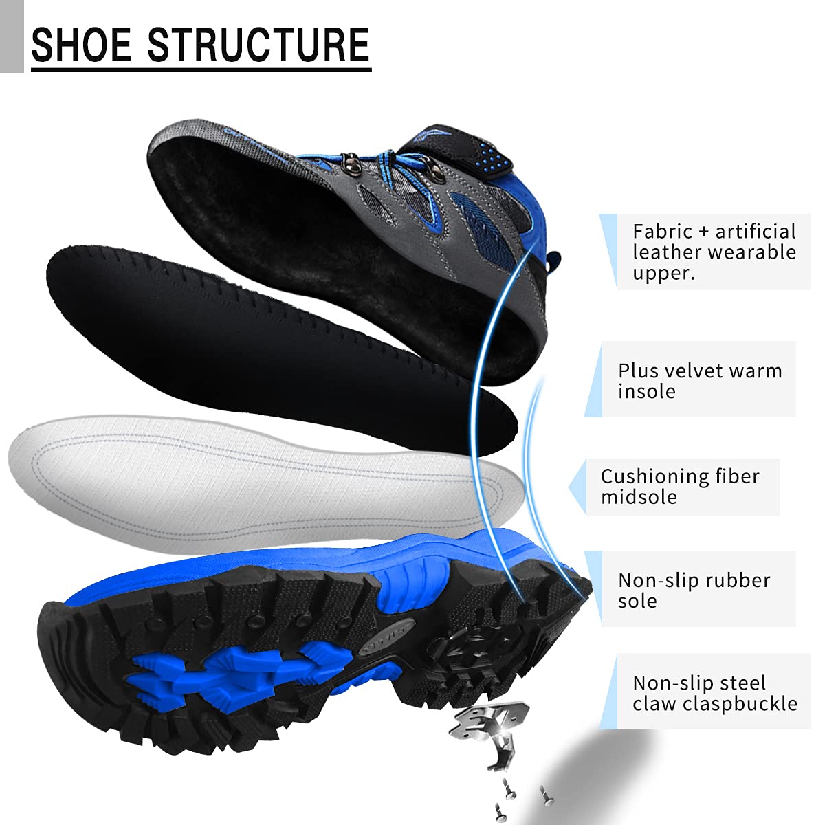 Littleplum Boys Snow Boots Winter Waterproof Antiskid Boots Hiking Outdoor Shoes for Kids(Toddler/Little Kid/Big Kid) Black Blue Big Kid Size 5.5