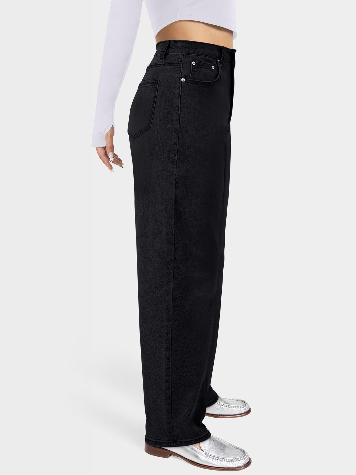 AUWUKA Barrel Jeans for Women, High Waisted Wide Straight Leg Boyfriend Microelastic Womens Mom Jeans Black