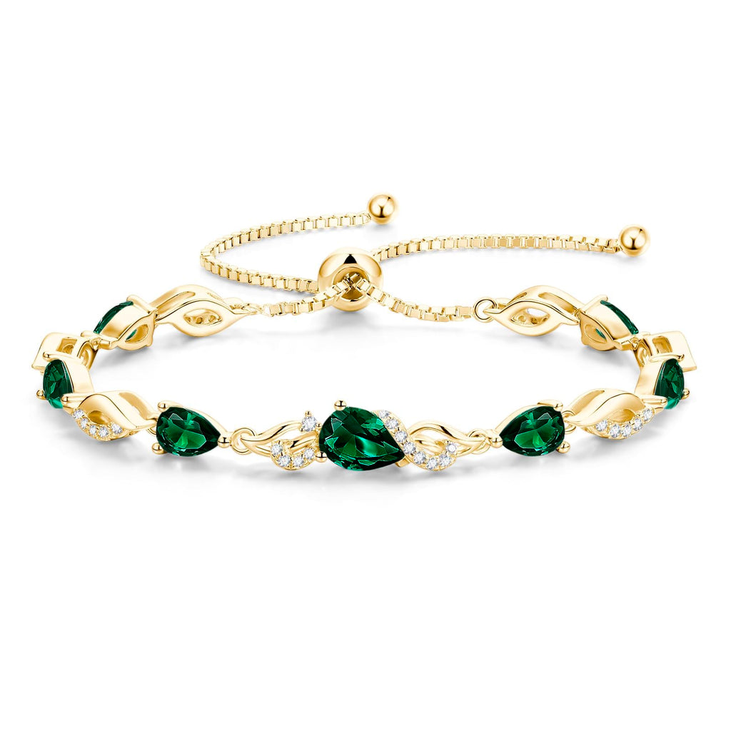 FANCIME May Birthstone Teardrop Emerald Tennis Bracelet for Women, 14K Gold Plated Sterling Silver Adjustable Slider Bracelet Fine Jewelry Anniversary Birthday Gifts for Women Mom Wife Her