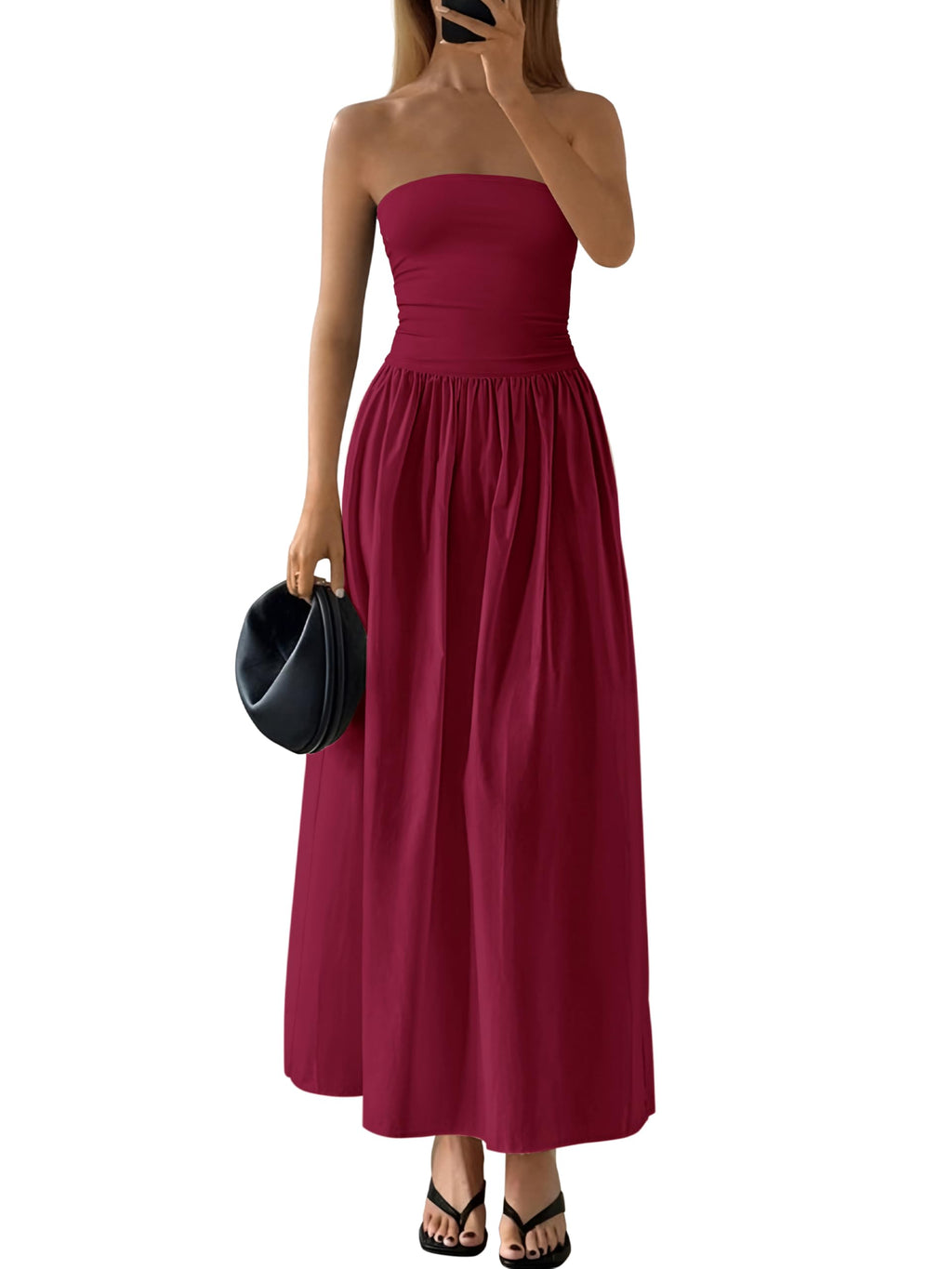 PRETTYGARDEN Women 2026 Summer Elegant Strapless Maxi Dress Tube Top Dress A Line Flowy Long Wedding Party Cocktail Dresses(Wine Red,X-Small)