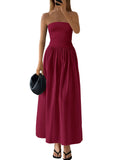 PRETTYGARDEN Women 2026 Summer Elegant Strapless Maxi Dress Tube Top Dress A Line Flowy Long Wedding Party Cocktail Dresses(Wine Red,X-Small)