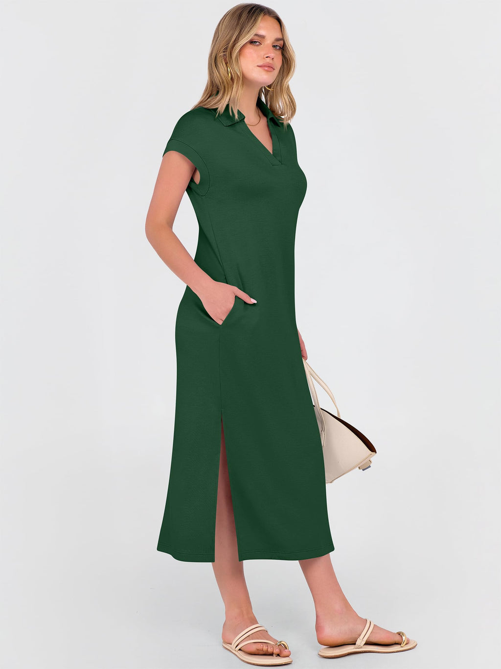 ANRABESS Womens Summer Casual Midi Dresses Short Sleeve Polo V Neck Loose Split Wrinkle-Free Beach Vacation Tshirt Maxi Dress Forest Green Large