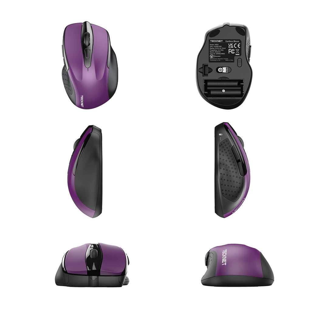 TECKNET Wireless Mouse, 2.4G Ergonomic Optical Mouse, Computer Mouse for Laptop, PC, Computer, Chromebook, Notebook, 6 Buttons, 24 Months Battery Life, 2600 DPI, 5 Adjustment Levels - Purple