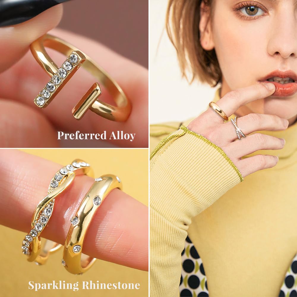 KISS WIFE Gold Silver Black Kunckle Rings Set for Women , Dainty Simple Trendy Cute Stackable Finger Rings Pack, Perfect for Stacking Layering on Thumb and Knuckle, Mixed Size, Jewelry Gift (Gold-Sparkling)