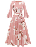 HomRain Modest for Church Elegant 3/4 Sleeve Dress for Women Casual Work Bell Sleeve Dresses for Formal Bridesmaid Wedding Guest Blush-White-Flower XL