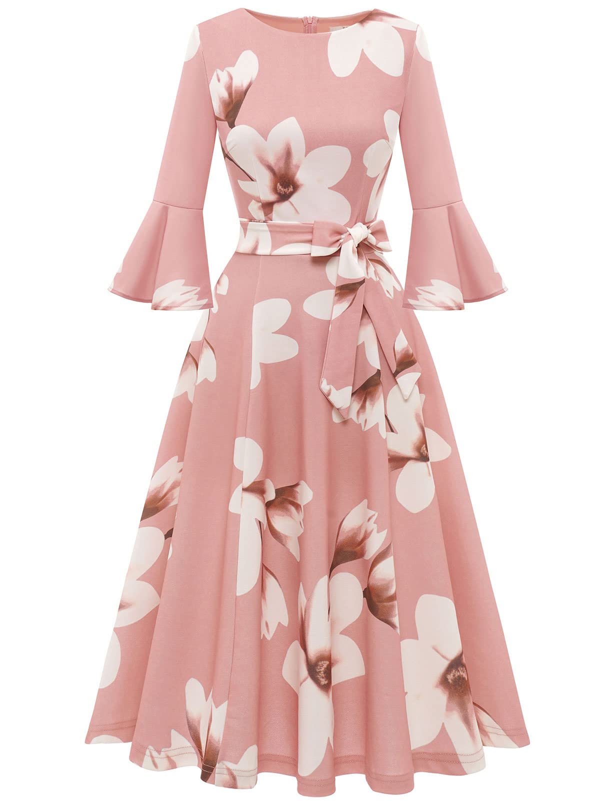 HomRain Modest for Church Elegant 3/4 Sleeve Dress for Women Casual Work Bell Sleeve Dresses for Formal Bridesmaid Wedding Guest Blush-White-Flower XL