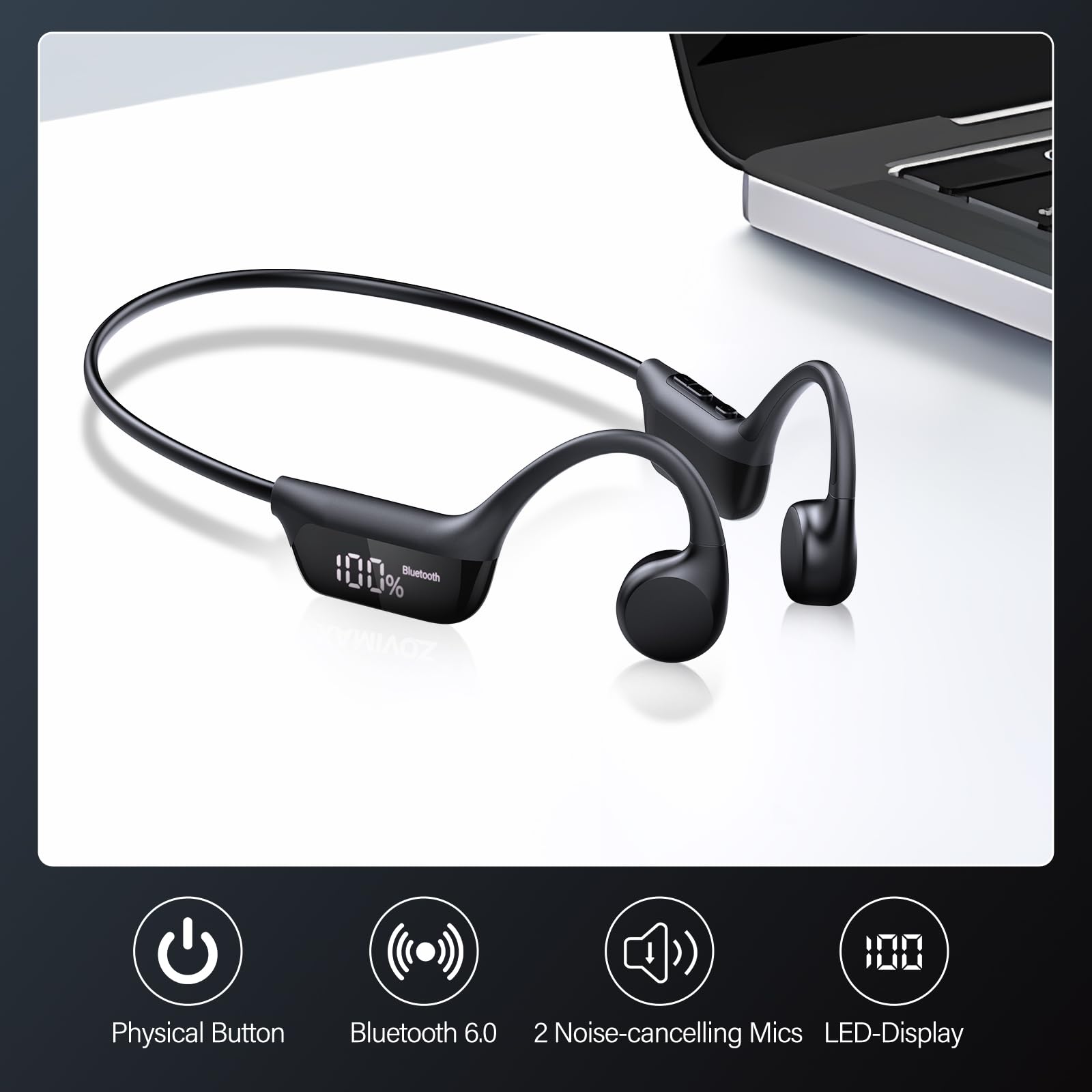 Bone Conduction Headphones Bluetooth 6.0 Earbuds, Open Ear Headphones with Dual Driver Sound, LED Display, IP67 for Sport / running, Dual Device Connection & Low-Latency Game Mode,12 Hours Playtime