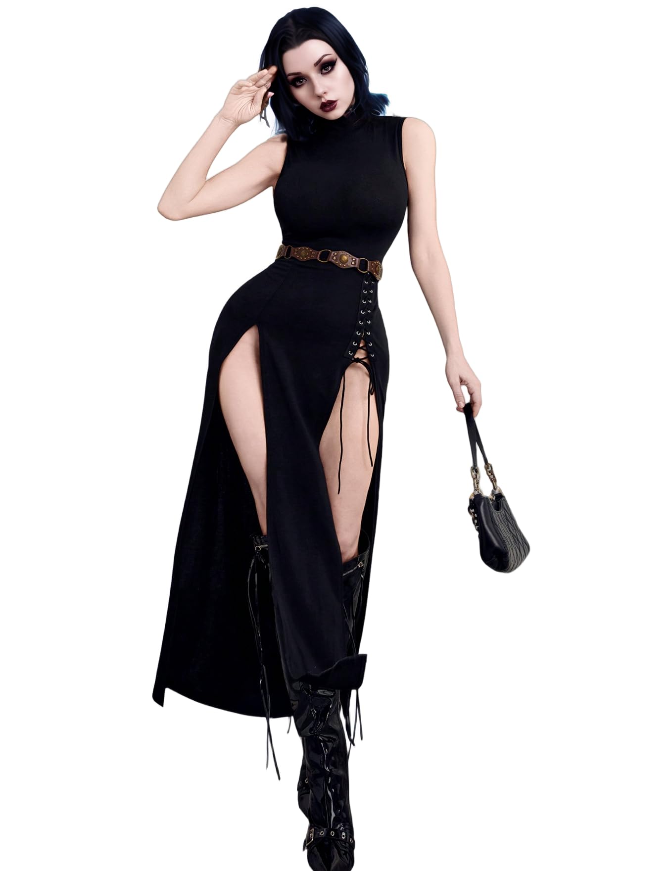 InGoticos Women's Gothic Mock Neck Split Thigh Lace Up Tank Goth Dress Without Belt Black