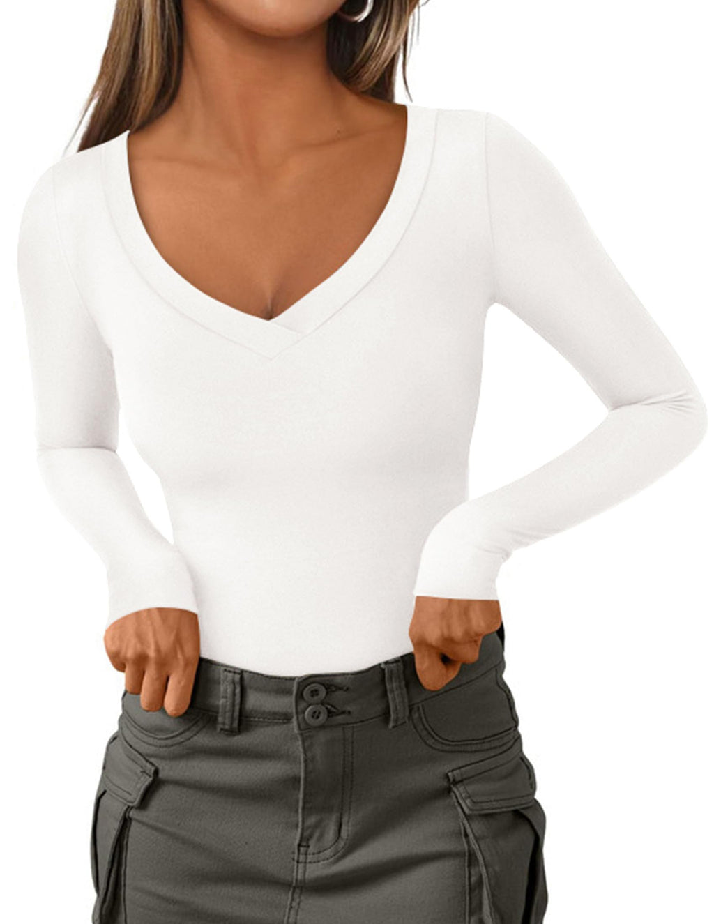 PRETTYGARDEN Long Sleeve Shirts for Women 2026 Fall Fashion V Neck Going Out Tops Slim Fit Basic Tees Y2K Clothes (White,Small)