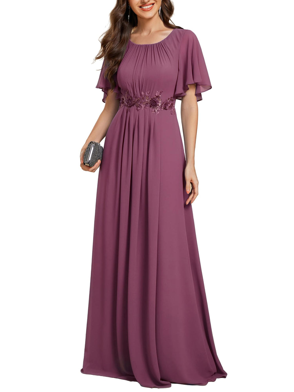 Ever-Pretty Women's Classic Round Neck Pleated Short Sleeves Chiffon Appliques Floor Length A Line Formal Evening Dresses Damson US22