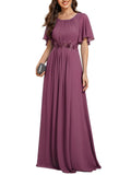 Ever-Pretty Women's Classic Round Neck Pleated Short Sleeves Chiffon Appliques Floor Length A Line Formal Evening Dresses Damson US22
