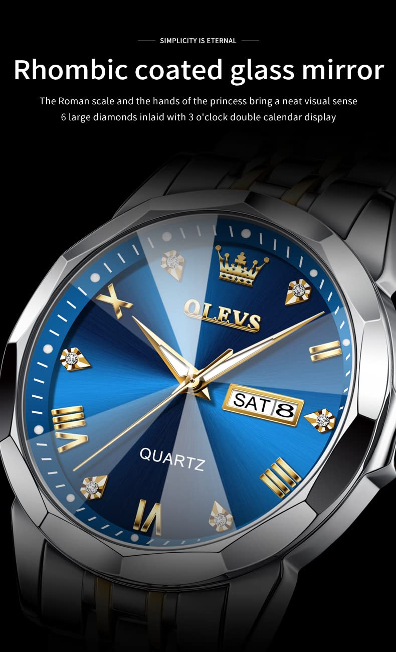 OLEVS Watch for Men Diamond Business Dress Analog Quartz Stainless Steel Waterproof Luminous Date Two Tone Luxury Casual Wrist Watch Blue Men