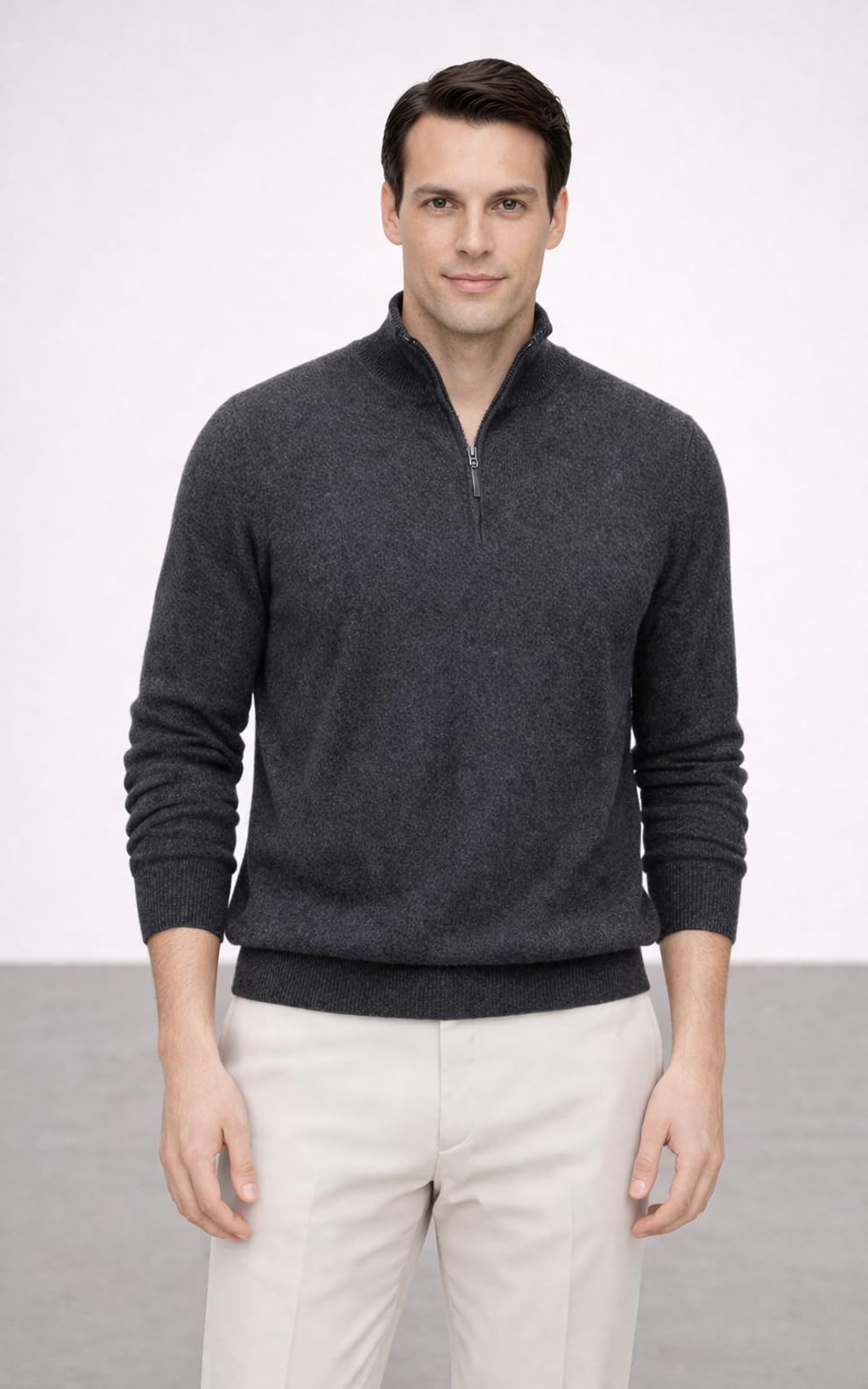 State Cashmere Men's Half Zip Mock Neck Sweater 100% Pure Cashmere Polo Neck Pullover (City Smoke, Medium)