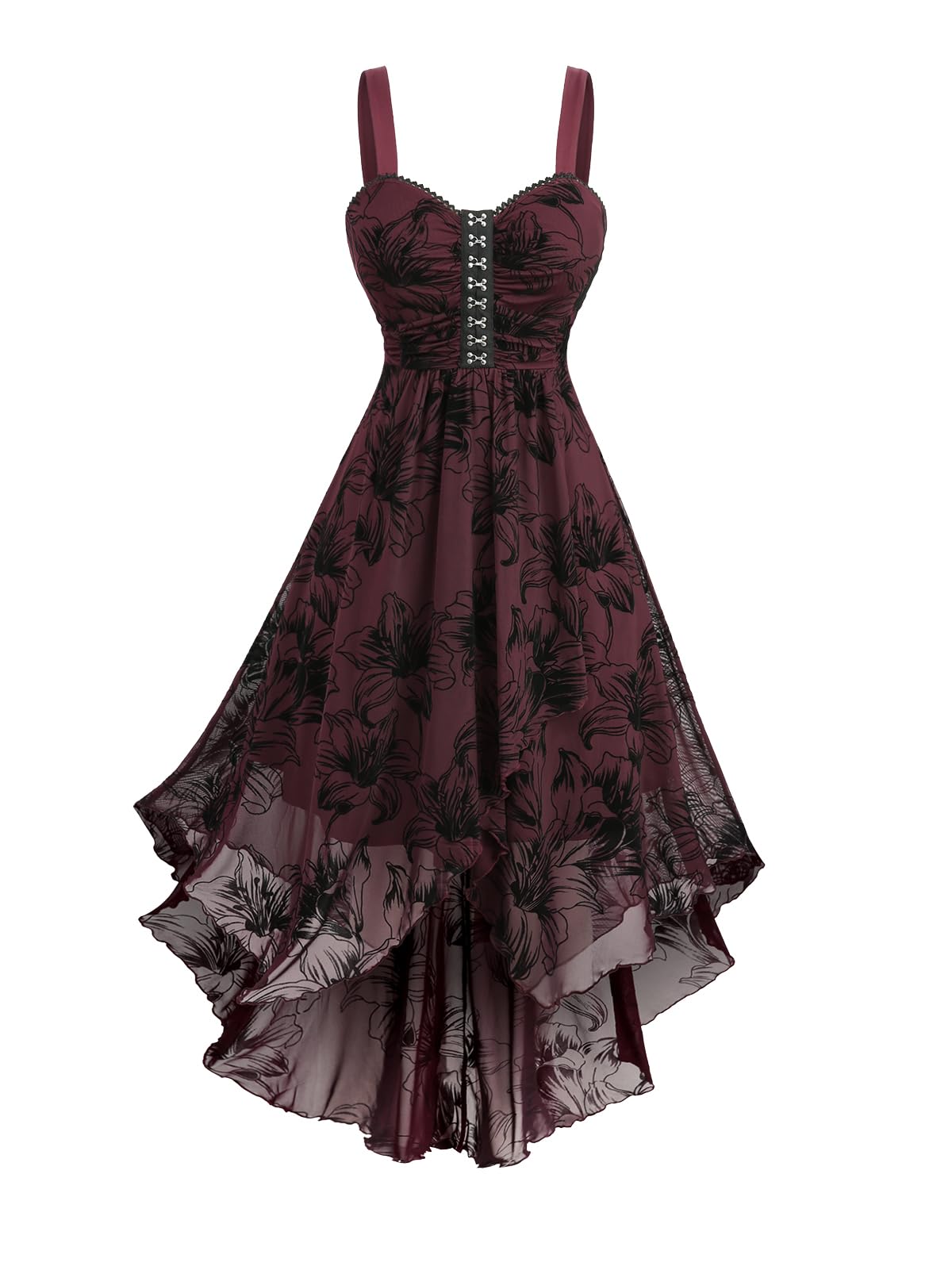 ROSE GAL Plus Size Womens Vintage Gothic Layered High Low Dress Flocking Floral Hook and Eye Lace Trime Sleeveless Backless Asymmetrical Midi Goth Dress(Red_1/3X)