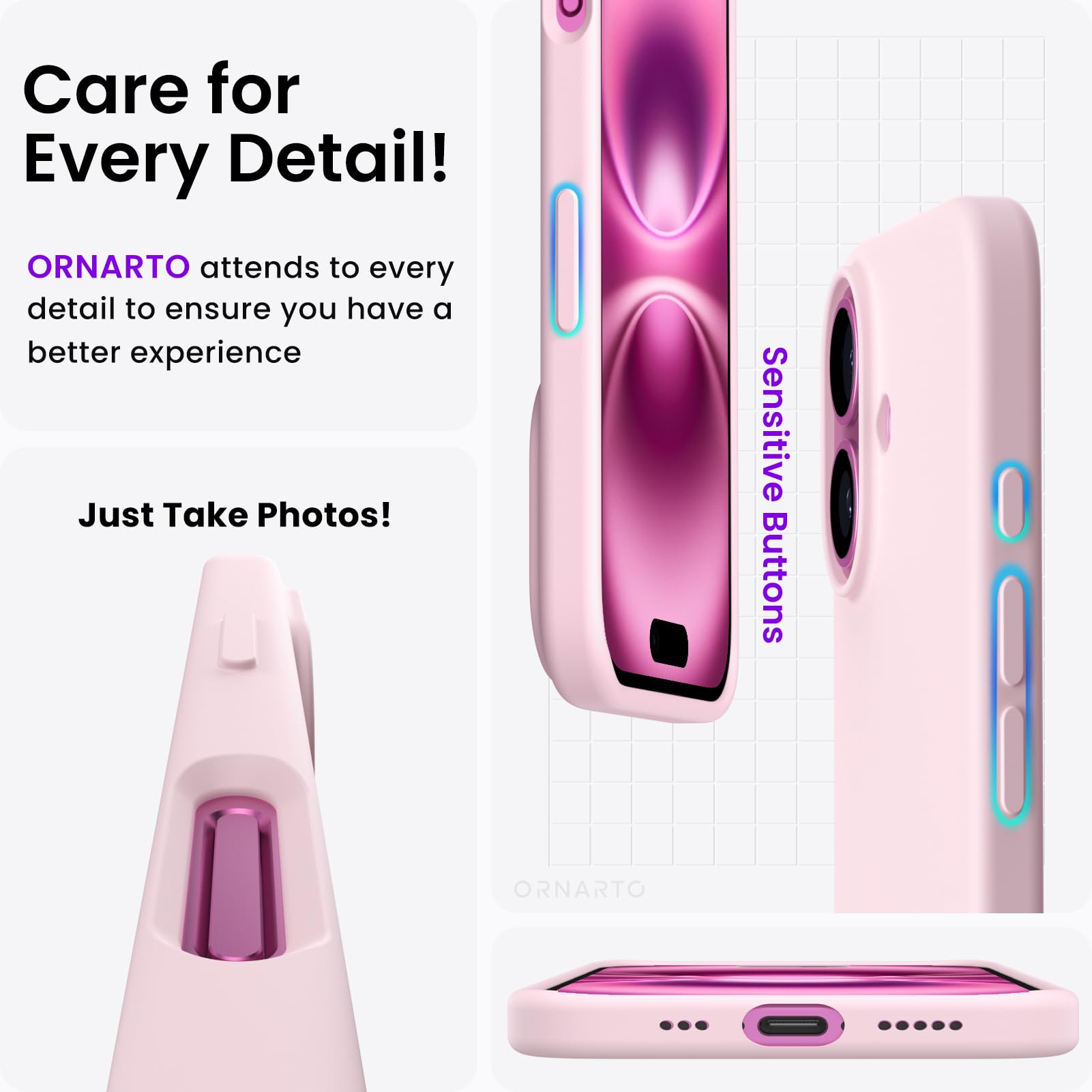 ORNARTO Compatible with iPhone 16 Case 6.1", Slim Liquid Silicone 3 Layers Full Covered Soft Gel Rubber Shockproof Phone Case, Protective Cover with Anti-Scratch Microfiber Lining-Chalk Pink