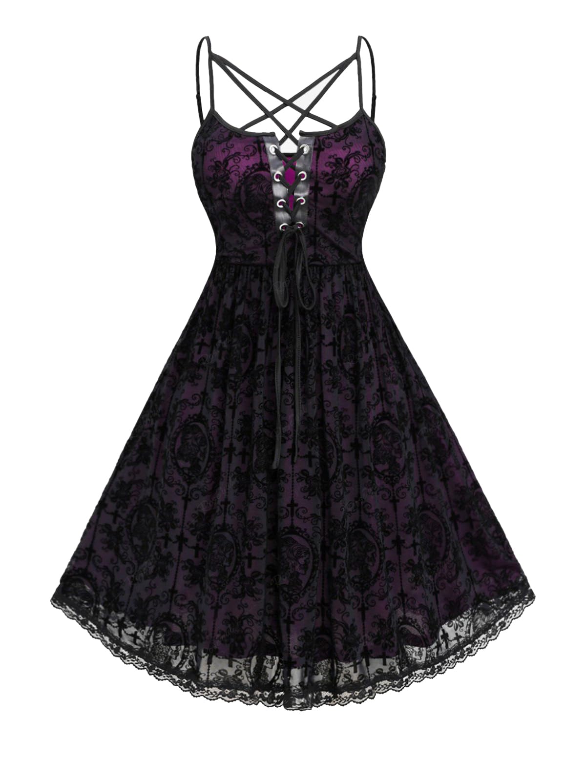 ROSE GAL Women Plus Size Gothic Lace-up Strappy Lace Overlay Midi Dress Vintage Backless Spaghetti Strap A Line Goth Dress(Black_3/1X)