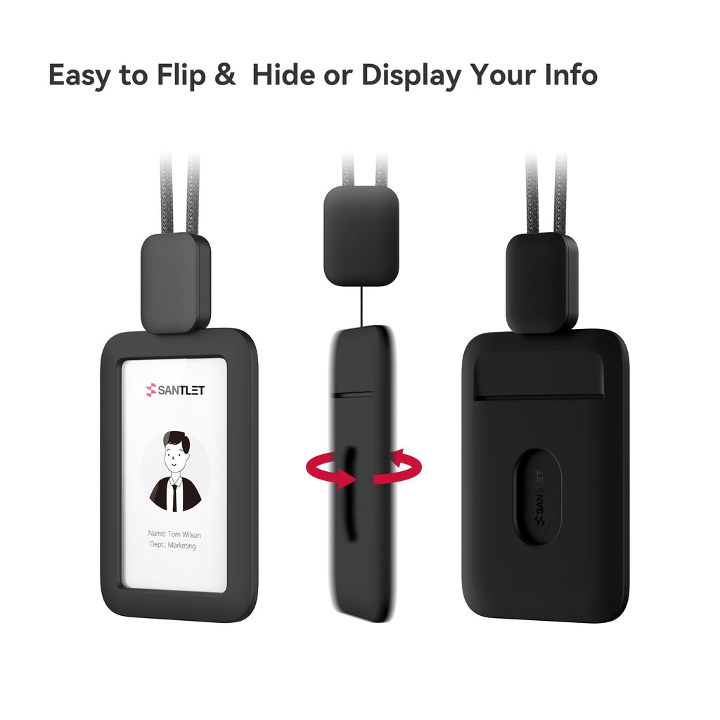Lanyards for ID Badges Holder, SANTLET Silicone ID Badge Holder Name Card Case Protector with Retractable Cord, Safety Breakaway Buckle, 2 Card Slots for Office Staff Teachers Employees Cruising Black