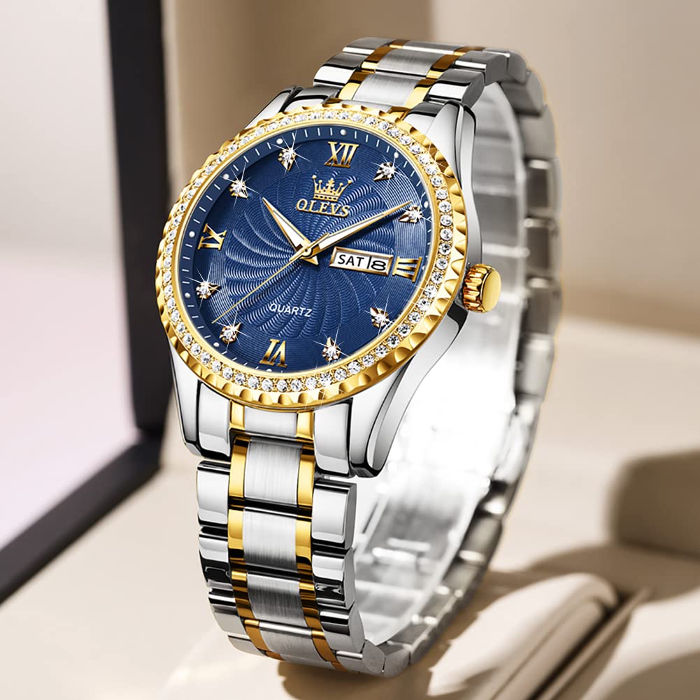 OLEVS Mens Watch Blue Business Diamond Waterproof Watches for Men Casual Dress Stainless Steel Two Tone Male Wrist Watch