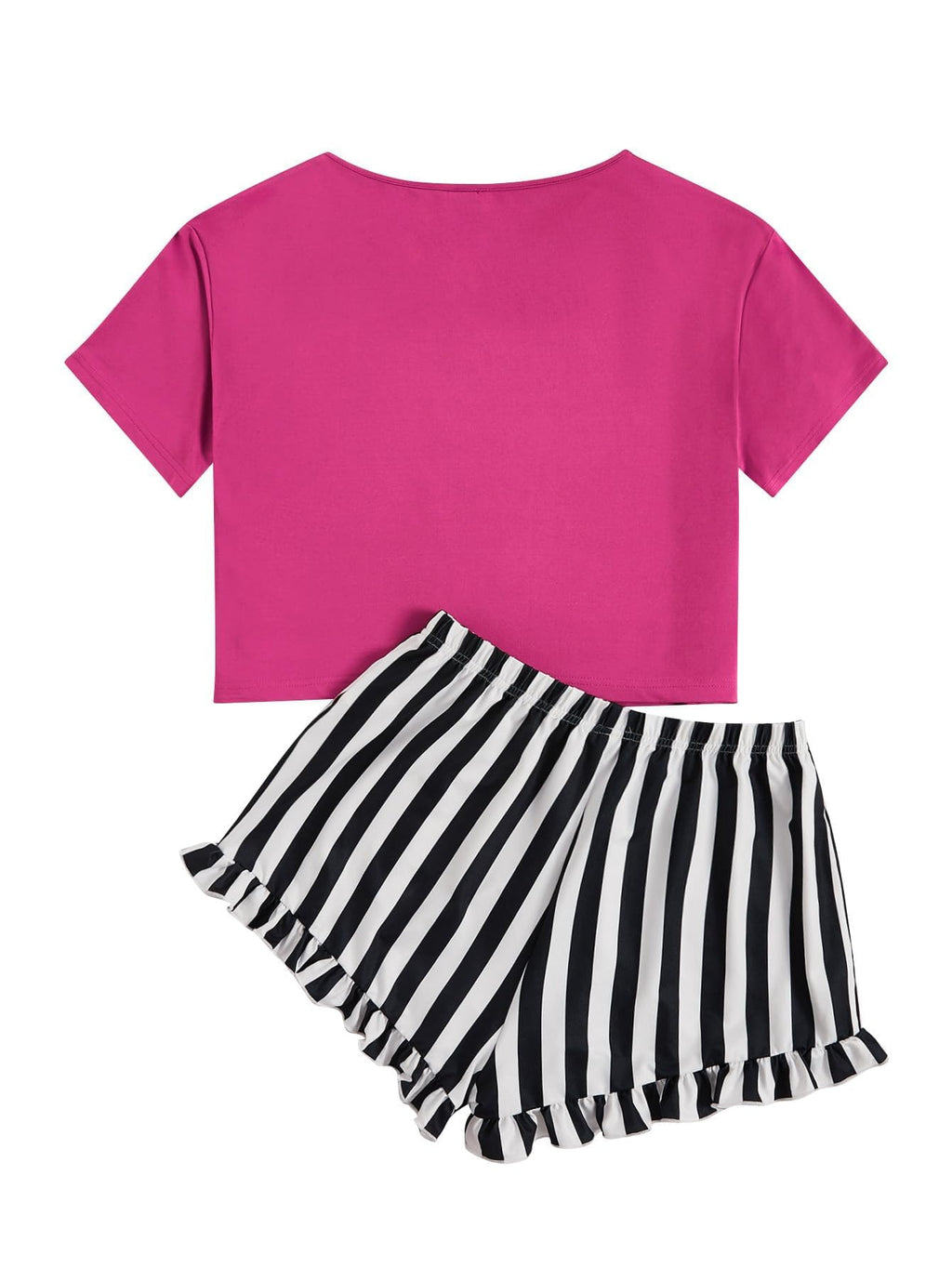 WDIRARA Women's 2 Piece Pajama Set Tee and Striped Shorts Cute Pjs Set Sleepwear Loungewear Outfits Stripe Plain Hot Pink L