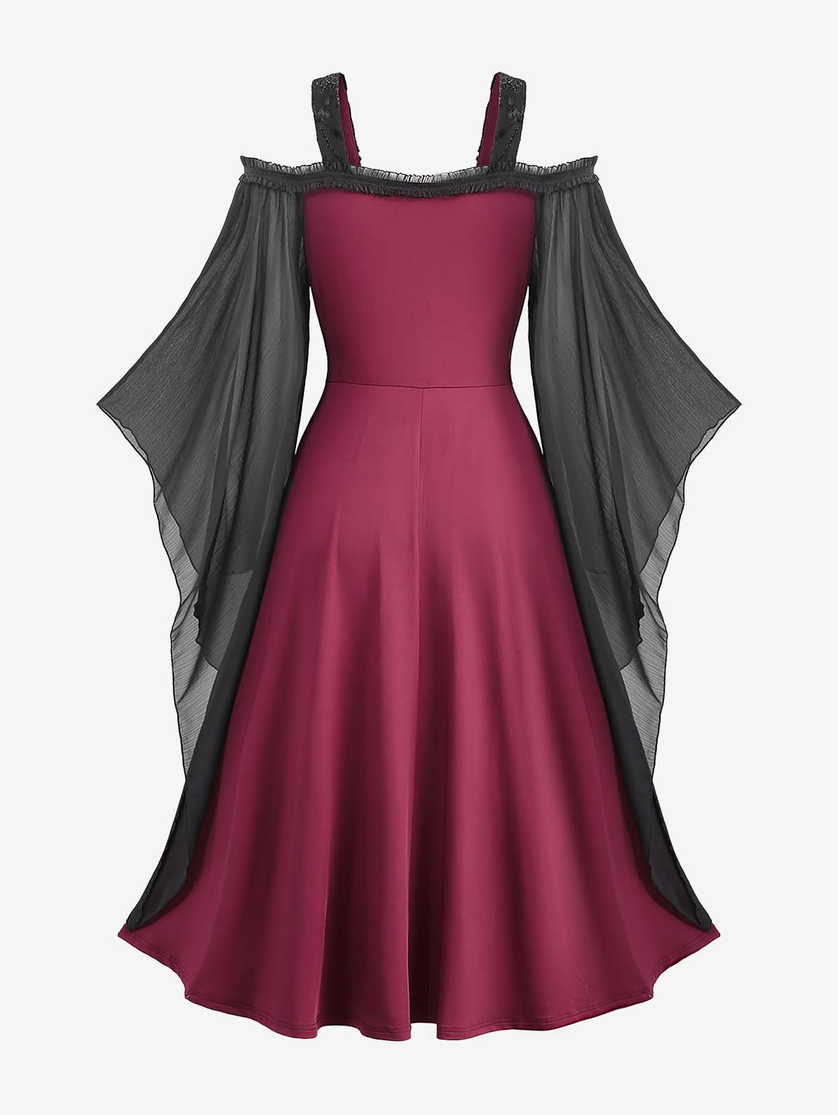 Rosegal Plus Size Medieval Vintage Costume Gothic Midi Dress Rose Flocking Glitter Floral Cold Shoulder Chiffon Flare Sleeve Goth Grunge Dresses(Black/4X)
