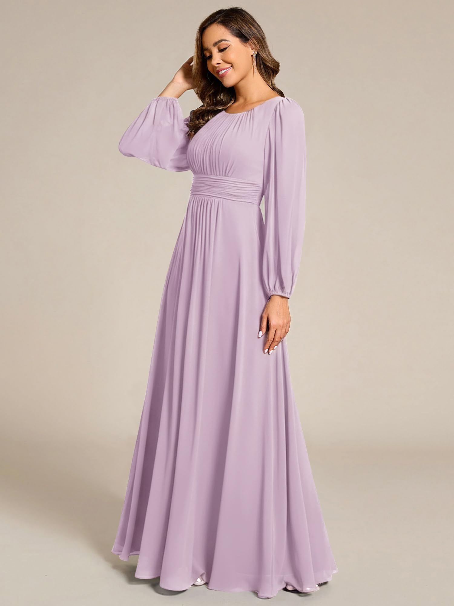 Ever-Pretty Women's Crewneck Long Lantern Sleeves Floor Length A-Line Pleated Chiffon Formal Dress Frosted Lilac US08