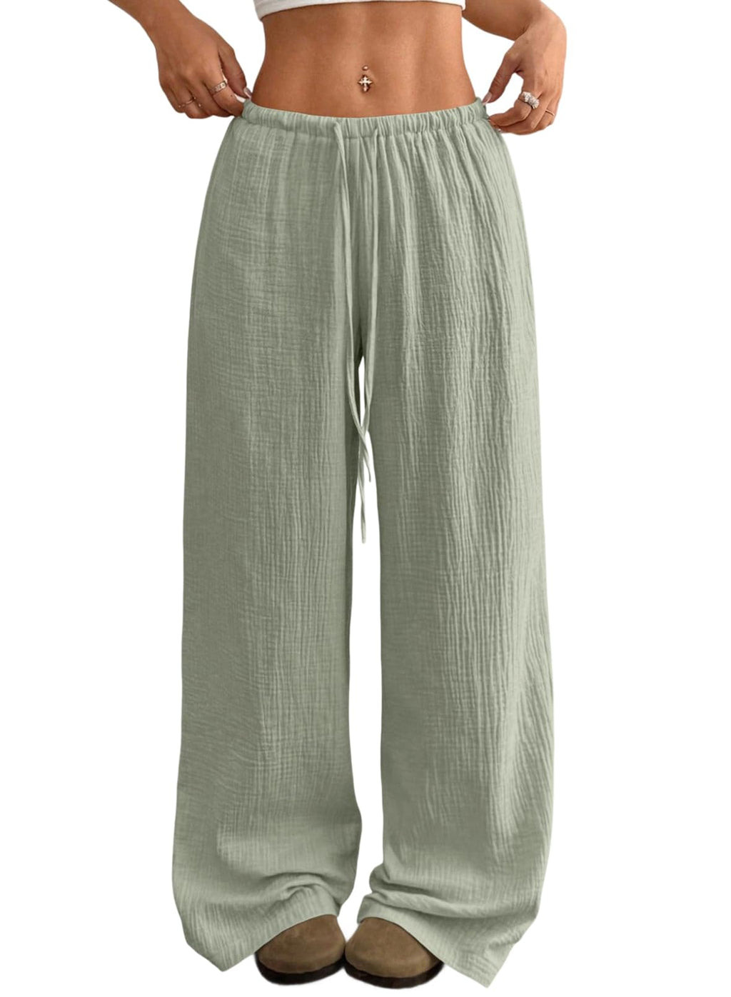 Acelitt Women’s Wide Leg Palazzo Pants Drawstring Elastic Waist Casual Loose Lounge Pants Beach Trousers Teacher Outfits for Women Green Small