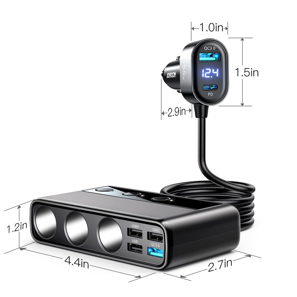 9 in 1 Cigarette Lighter Splitter, JOYROOM 210W Cigarette Lighter Adapter with PD/QC 3.0 * 2 Charge(3.3FT Cable), 12V/24V Independent Switches DC Cigarette Outlet Car Charger for All Car Devices