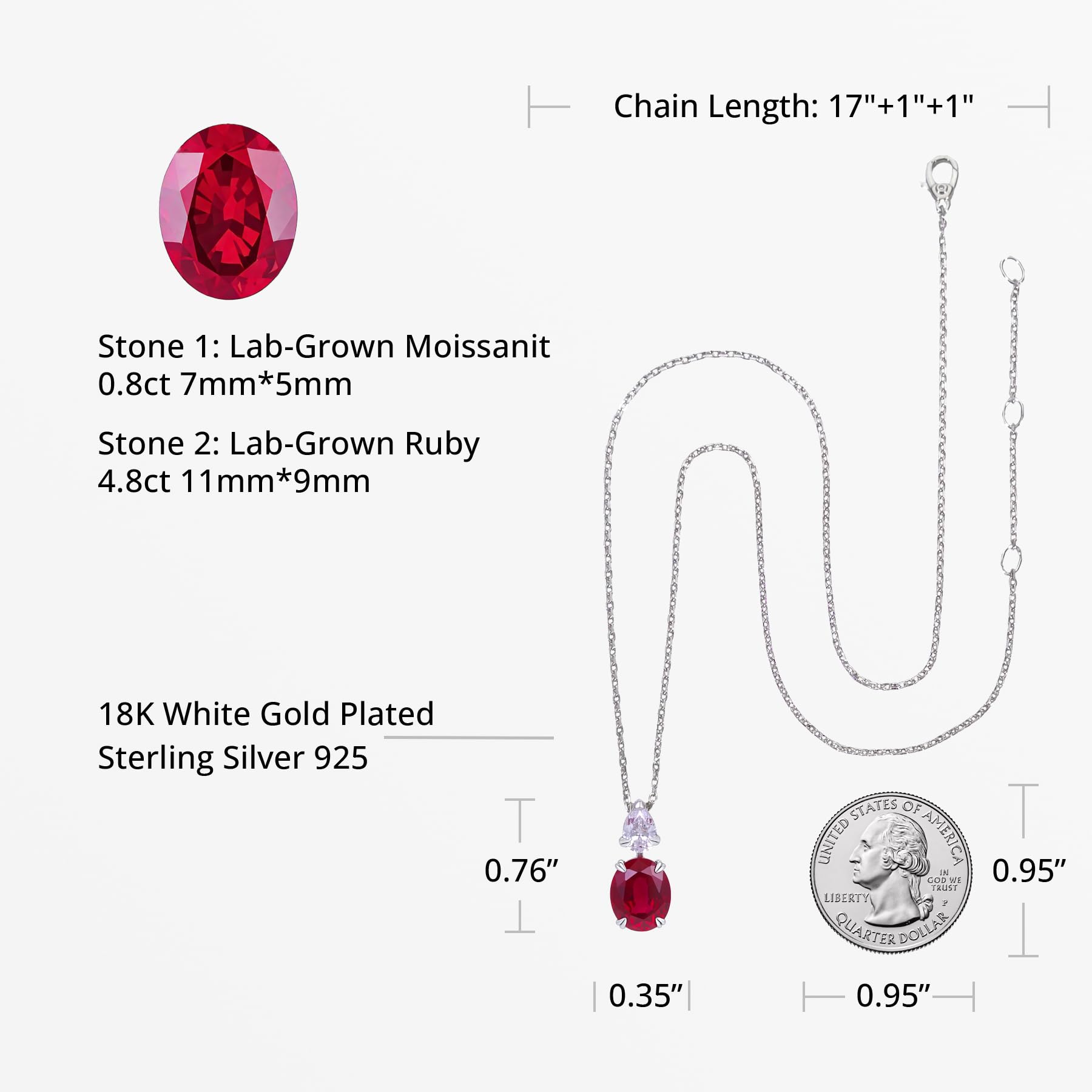 StiloVero Ruby Necklace for Women – 4.8ct Lab-Grown Ruby & Moissanite Pendant, 18K White Gold Plated 925 Sterling Silver, Elegant Red Gemstone Jewelry Gift