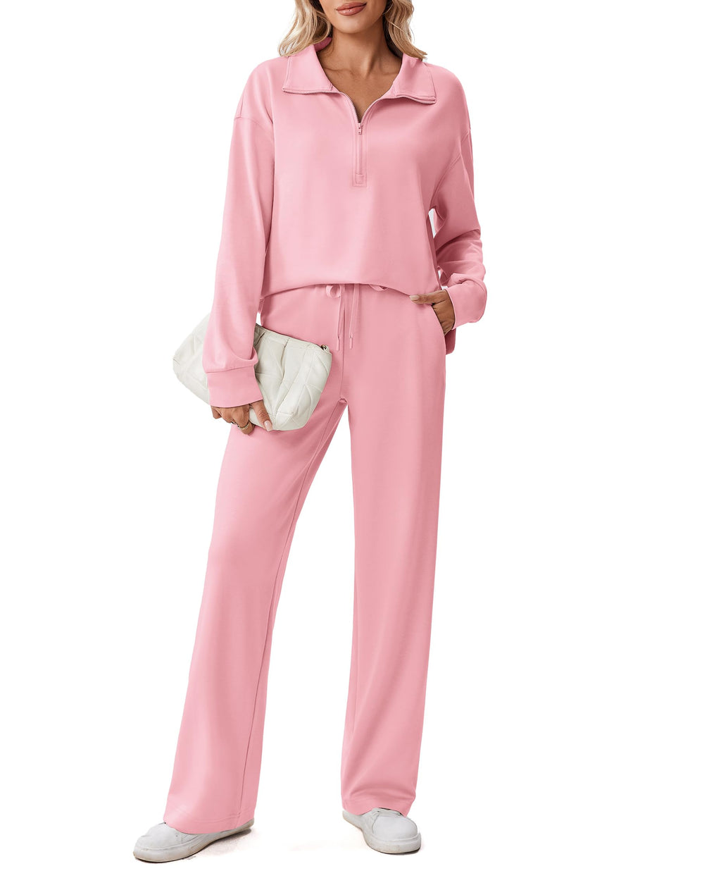 PINSPARK 2 Piece Sets for Women Casual Matching Sweatsuits Pullover Sweatshirt Drawstring Pants with 2 Pockets Zipper Up Lounget Set Trecthy Tracksuit Fall Travel Outfits 2025, Pink M