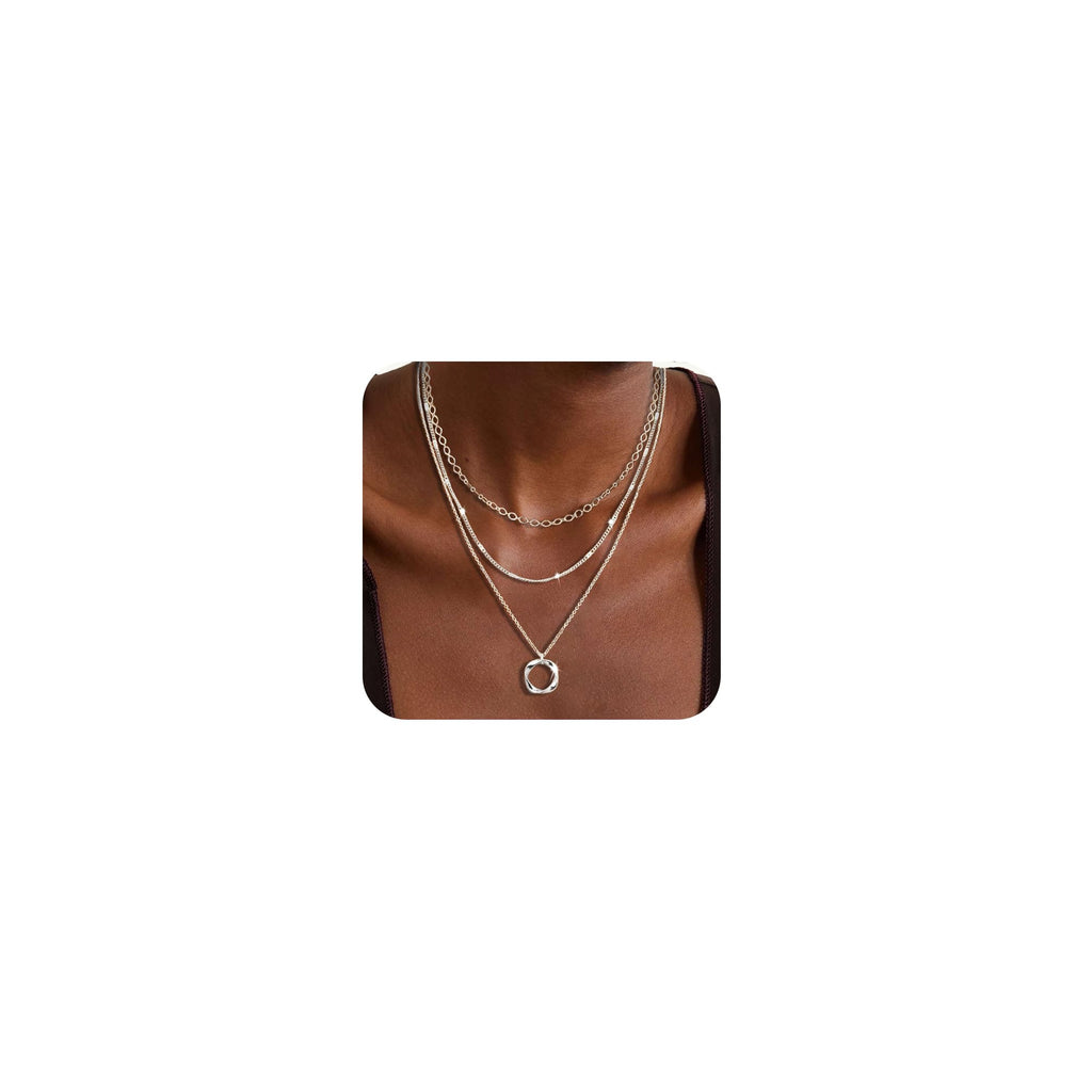 Cuzmly Layered Silver Necklaces for Women, 925 Sterling Silver Stackable Choker Necklaces for Women Trendy Layering Circle Pendant Chain Necklace Set Jewelry Gifts for Women Teen Girls, Brass, No