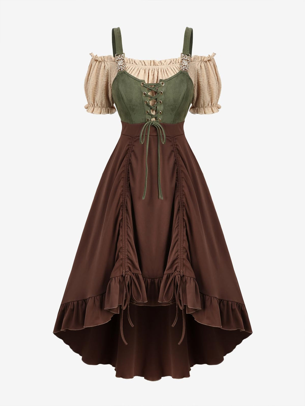 ROSE GAL Plus Size Steampunk Renaissance Costume Dress for Women Cold Shoulder Color Block Lace-up Cinched Ruched Medieval Retro Midi High Low Ren Faire Dress(Coffee/1X)