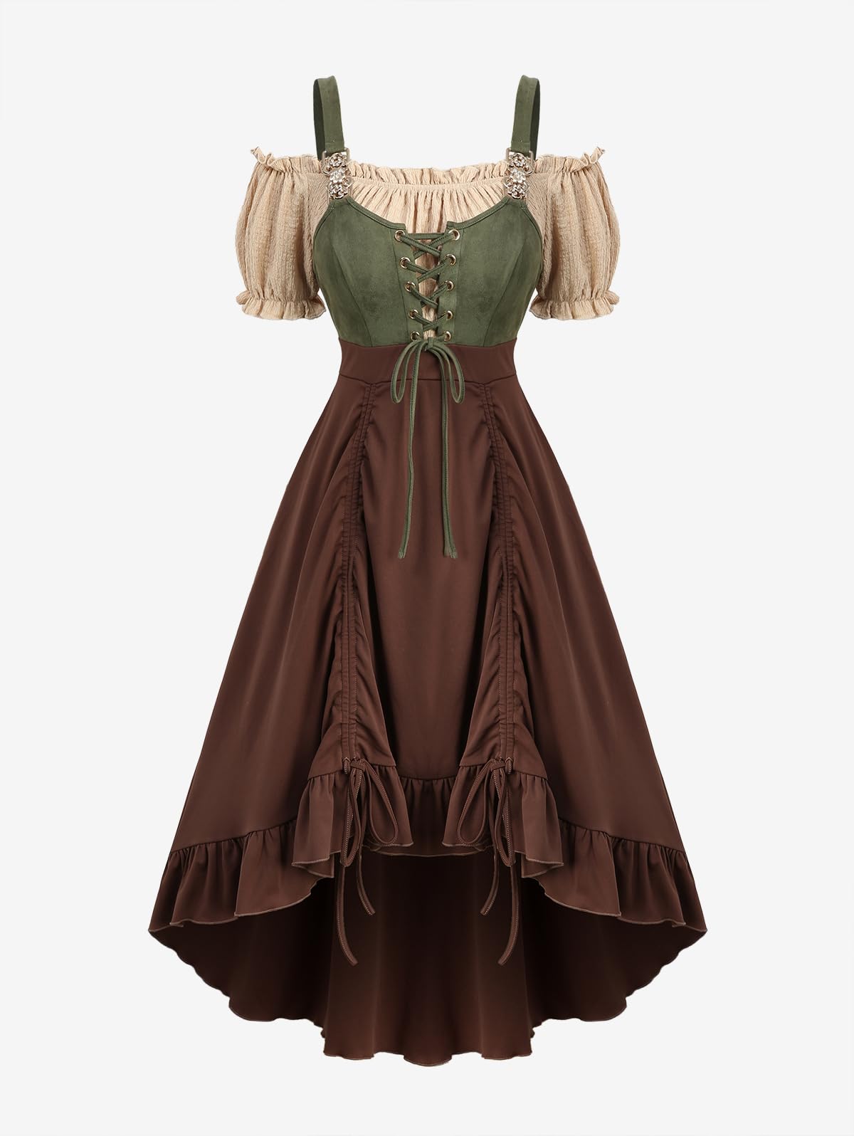 ROSE GAL Plus Size Steampunk Renaissance Costume Dress for Women Cold Shoulder Color Block Lace-up Cinched Ruched Medieval Retro Midi High Low Ren Faire Dress(Coffee/1X)