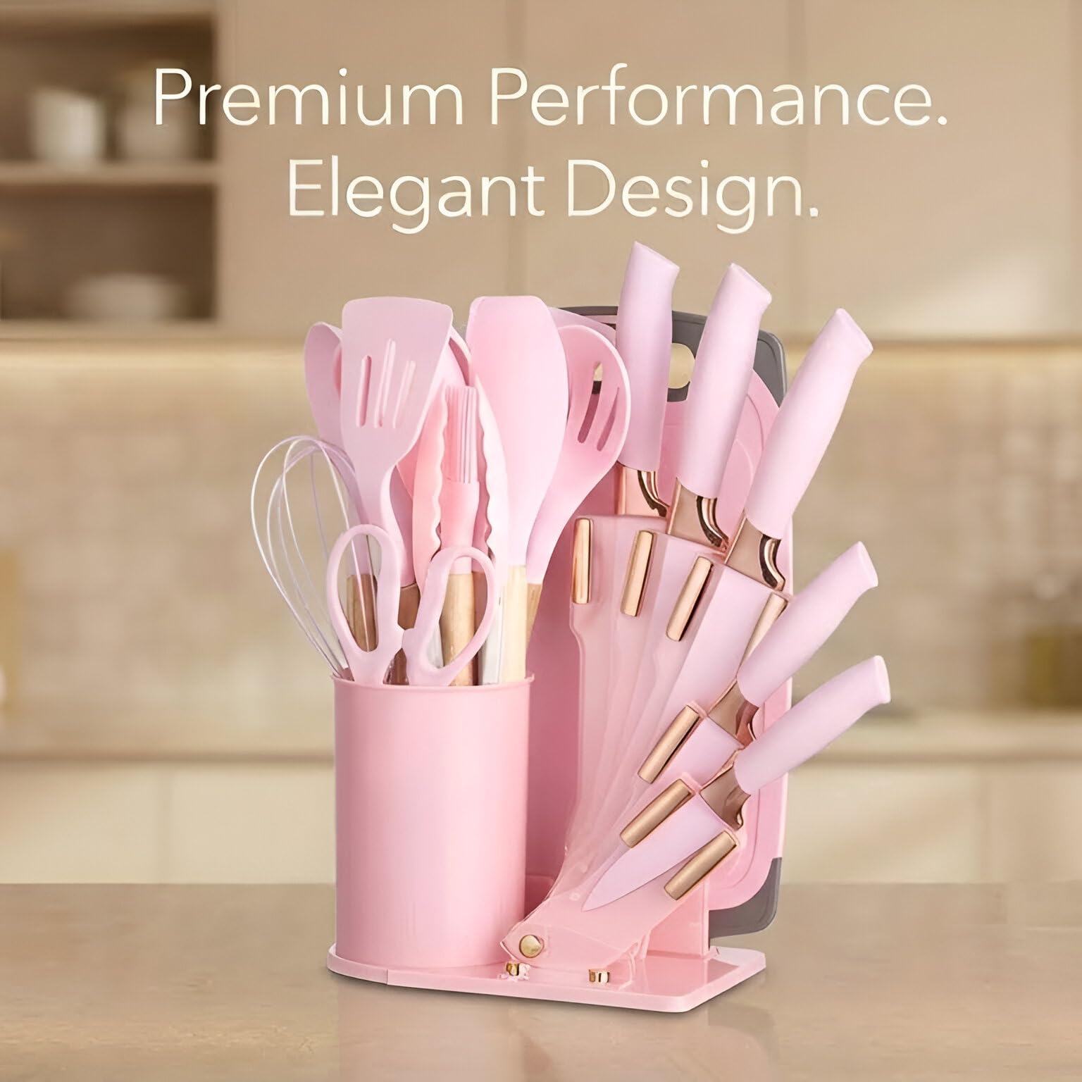 DANFFI 19-Piece Pink Kitchen Utensil Set – Silicone Cooking Tools with Wooden Handles, Non-Stick & Heat Resistant, Includes Knives, Scissors & Cutting Board – BPA-Free Kitchen Accessories