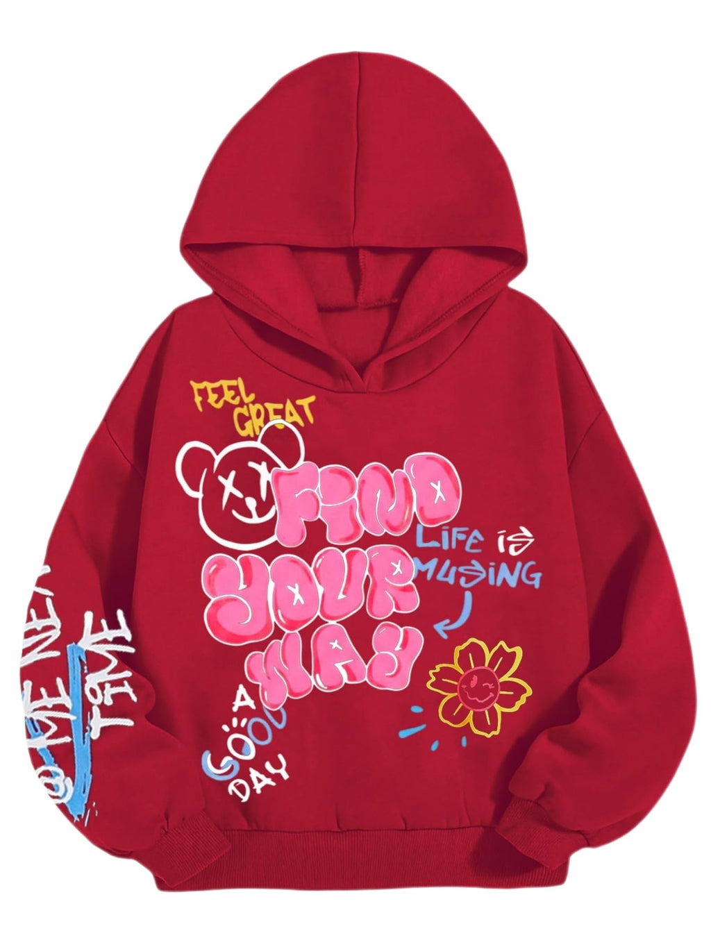WDIRARA Girl's Cartoon Letter Graphic Hoodie Drop Shoulder Long Sleeve Pullover Sweatshirt Red 13Y