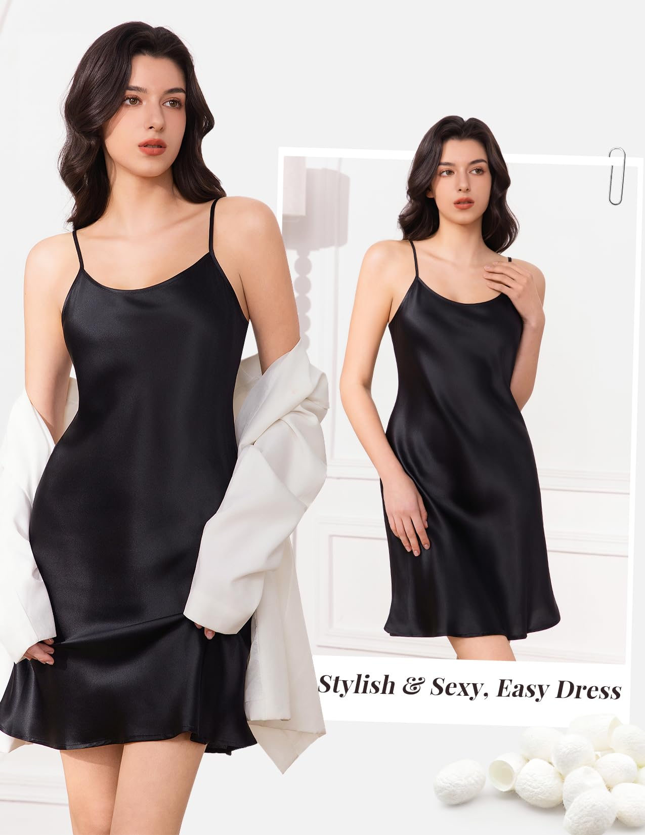 THXSILK Women's Sexy Silk Nightgown, 6A Top Grade 100% Mulberry Silk Sleepwear Round Neck Spaghetti Strap Chemise Short Slip Dress (XX-Large Size, Black)