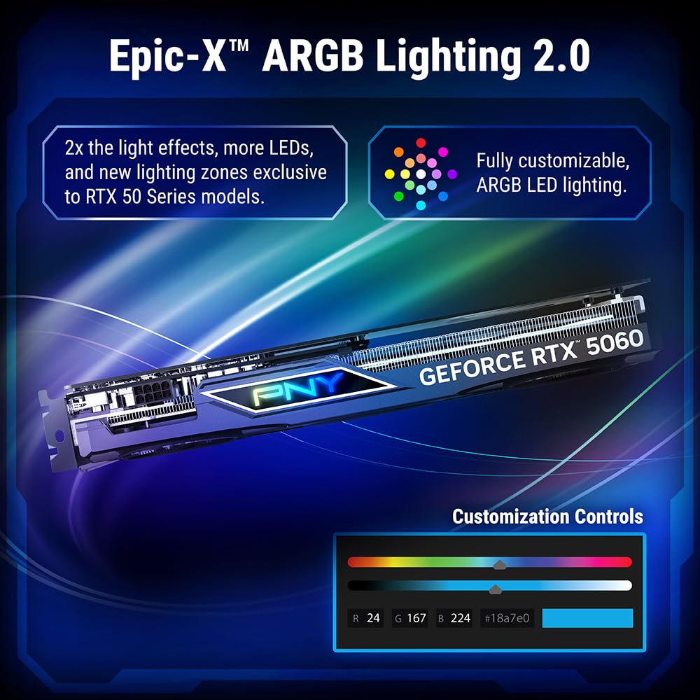 PNY NVIDIA GeForce RTX™ 5060 Epic-X™ ARGB OC Triple Fan, Graphics Card (8GB GDDR7, 128-bit, SFF-Ready, PCIe® 5.0, HDMI®/DP 2.1, 2-Slot, NVIDIA Blackwell Architecture, DLSS 4)