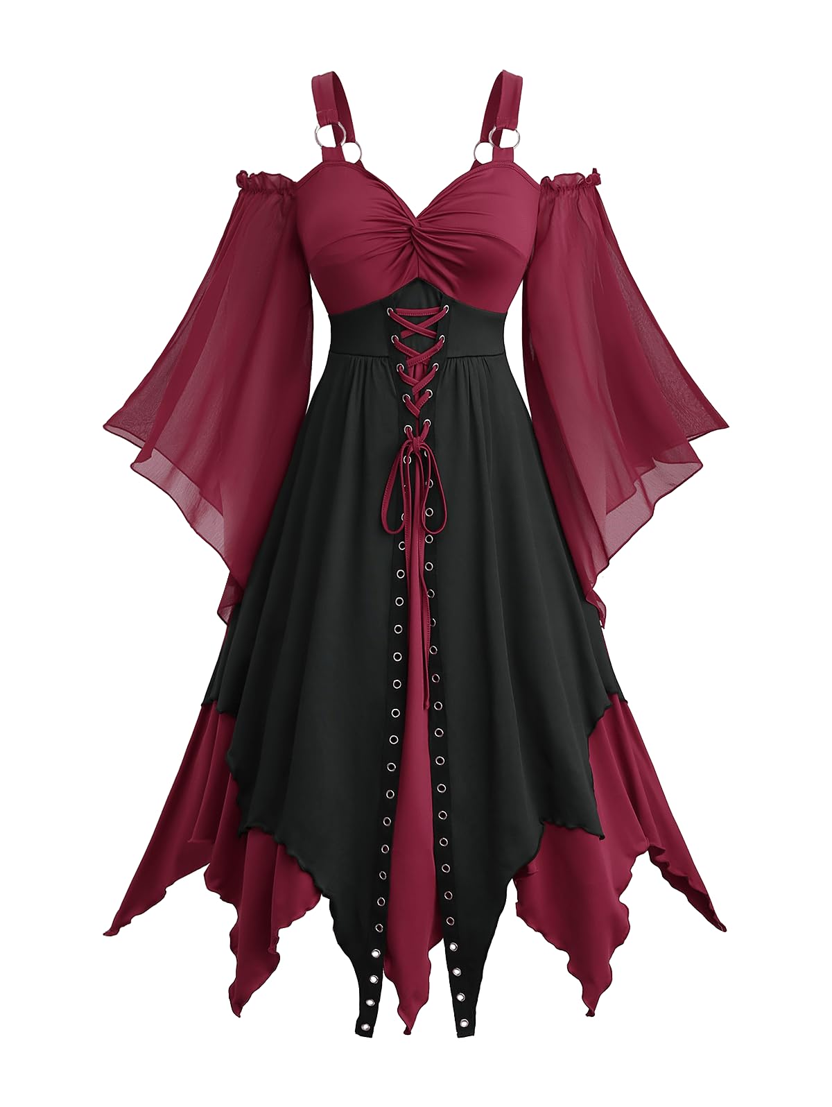 ROSE GAL Plus Size Renaissance Gothic Dress for Women Halloween Costume Dress Cold Shoulder Lace-up Handkerchief Hem Grommets Two Tone Layered Trumpet Sleeve Midi Dresses(Red/S)