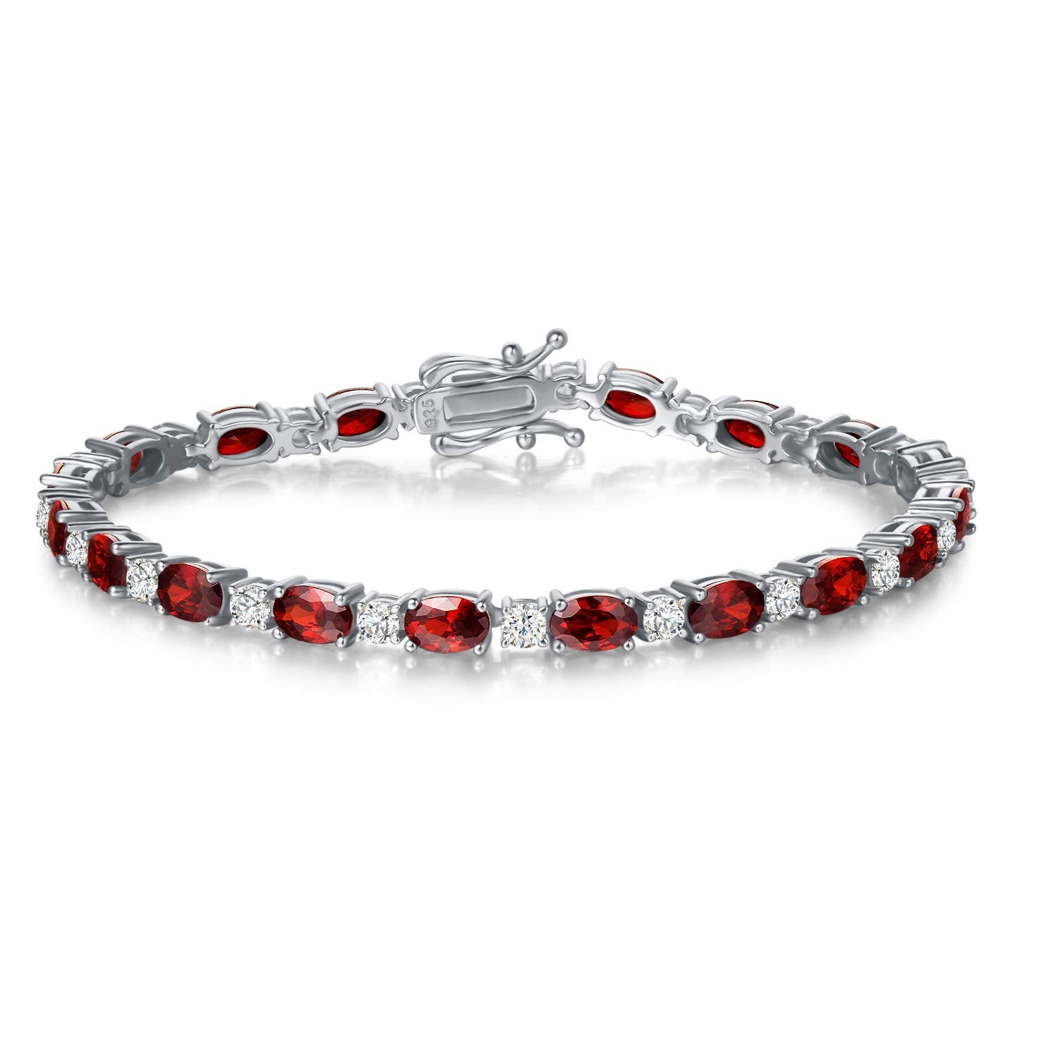 FANCIME Sterling Silver Created Garnet Tennis Bracelet January Birthstone Bracelet Cubic Zirconia Oval Gemstone Dainty Fine Jewelry for Women 7"