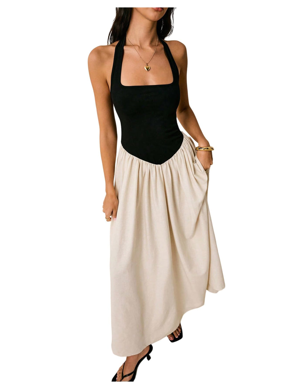 SOLY HUX Women's Halter Maxi Dress Color Block Sleeveless Backless A Line Flowy Going Out Party Long Dresses Multicoloured Small