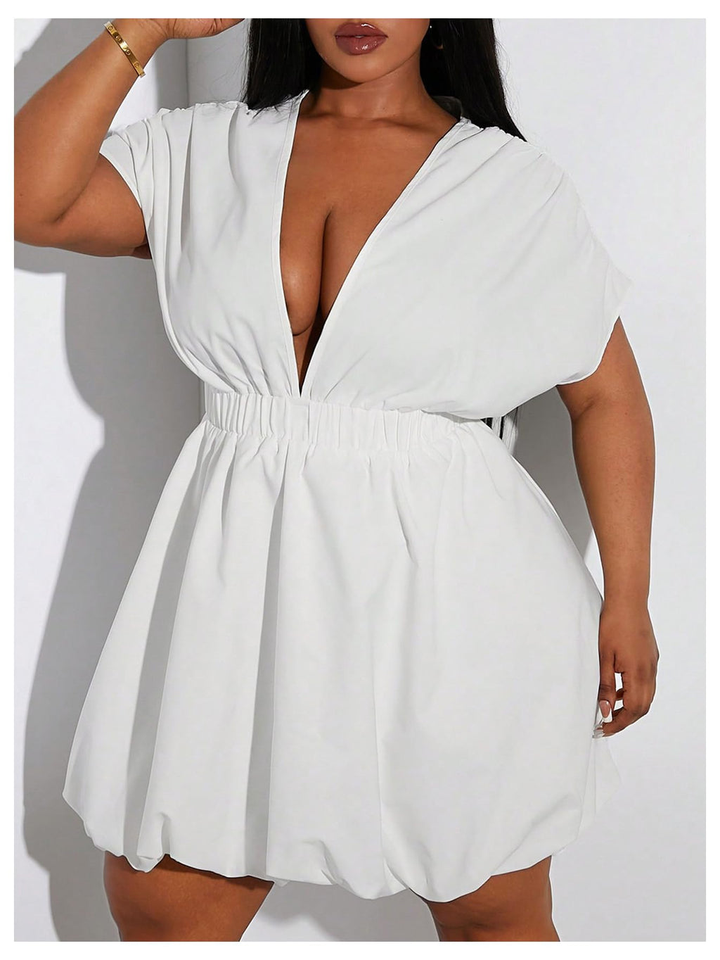 WDIRARA Women's Plus Size Deep V Neck Bubble Dress Short Sleeve A Line Mini Dresses White XX-Large Plus