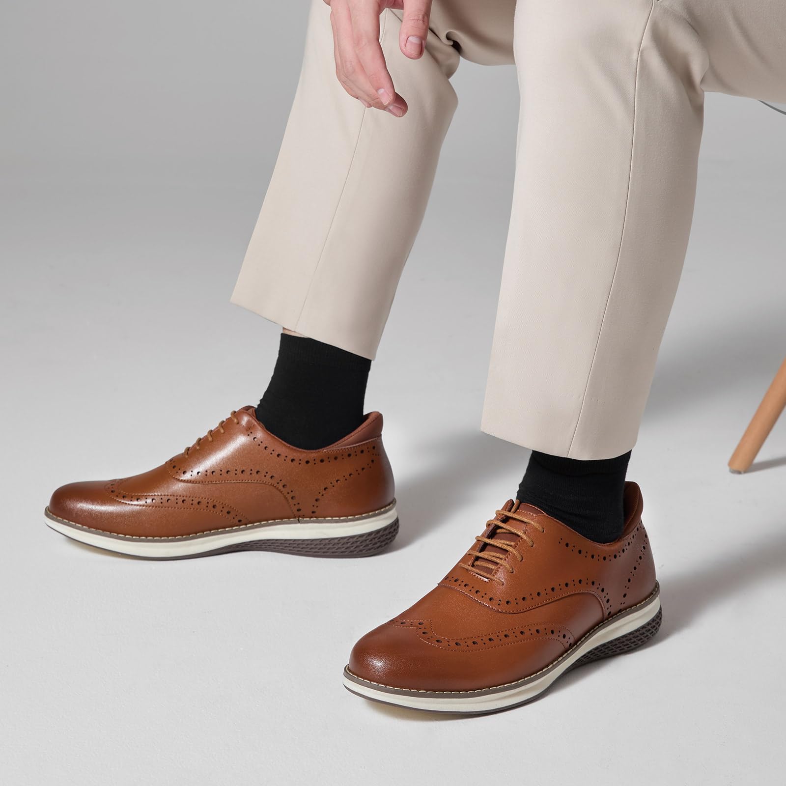 HEEZ Men's Dress Sneakers, Casual Dress Shoes for Men Comfortable, Wingtip Business Formal Oxfords Shoes for Office Work Wedding Travel Daily Brown