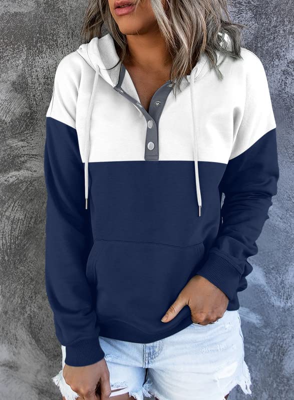 Dokotoo Womens Sweatshirt Ladies Fall Tops Fashion Hoodies Sweatshirts for Women Long Sleeve Hooded Pullover with Pockets Button Collar Fleece Casual Color Block Winter Shirts Tops Blue White S