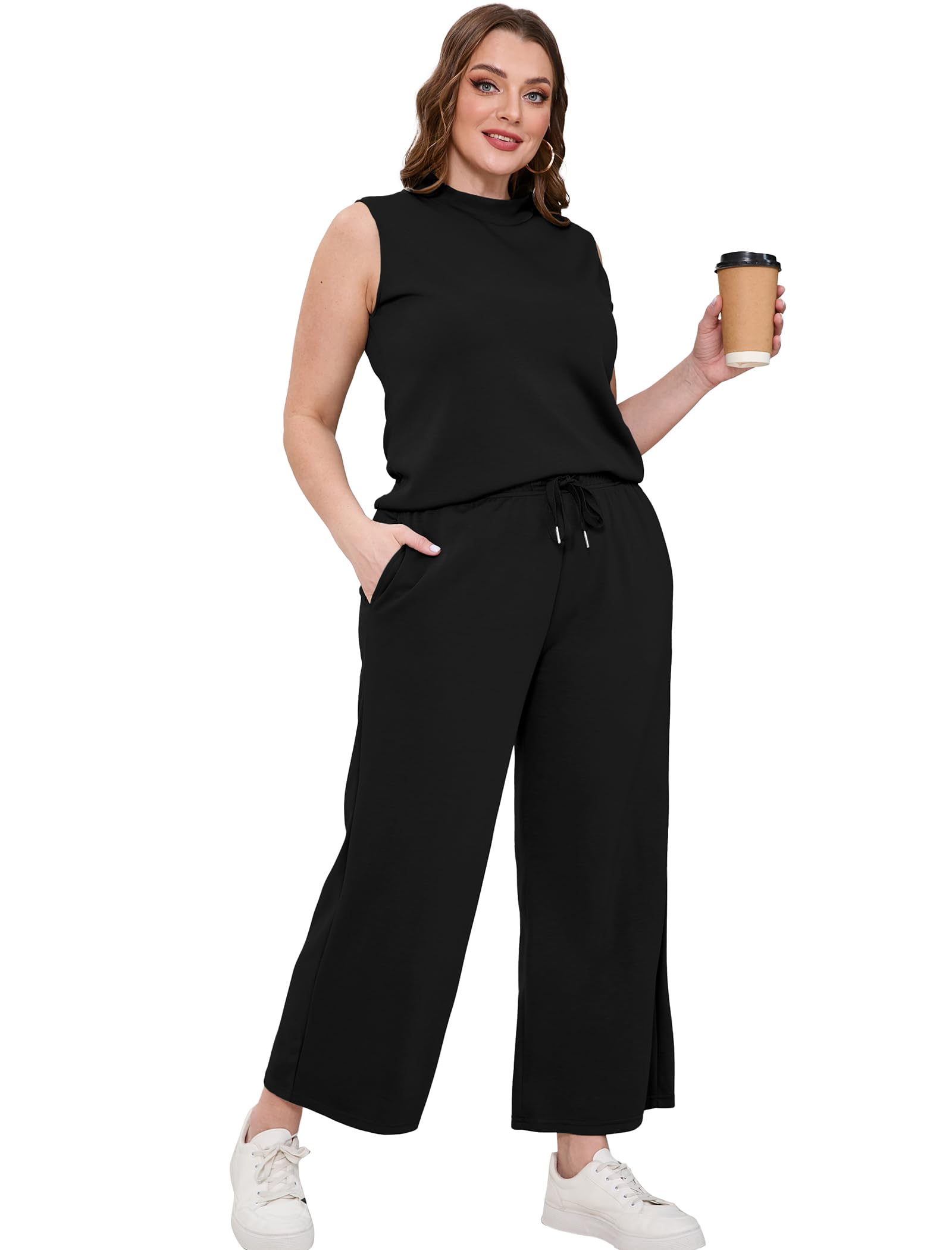 Sampeel Two Piece Set for Women Casual Lounge Sets Summer Outfits Matching Sets Women Fashion Clothing Business Casual Vacation Travel Comfiest Airport Outfits Mock Neck Black 2025 M