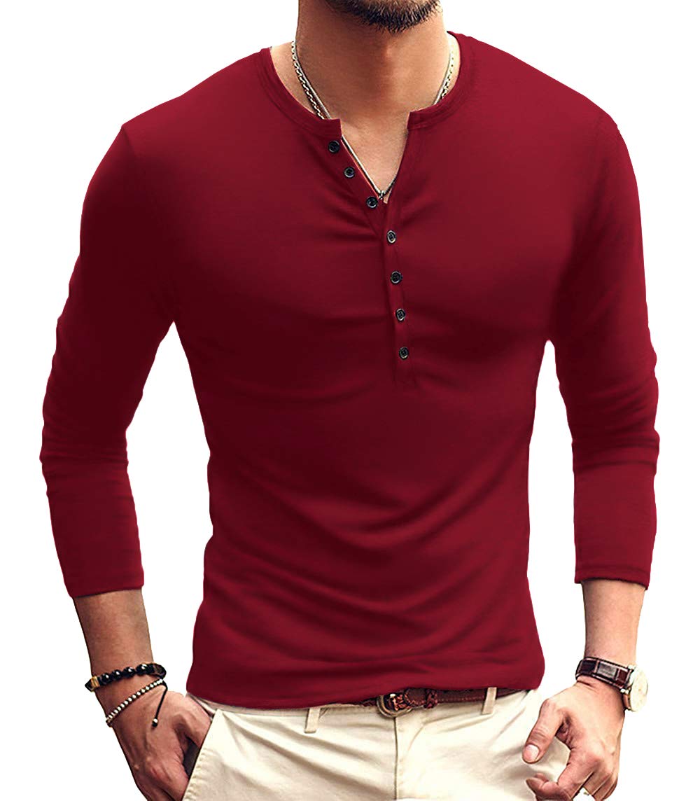 YTD Mens Casual Slim Fit Basic Henley Long Sleeve Fashion T-Shirt XXL Wine Red