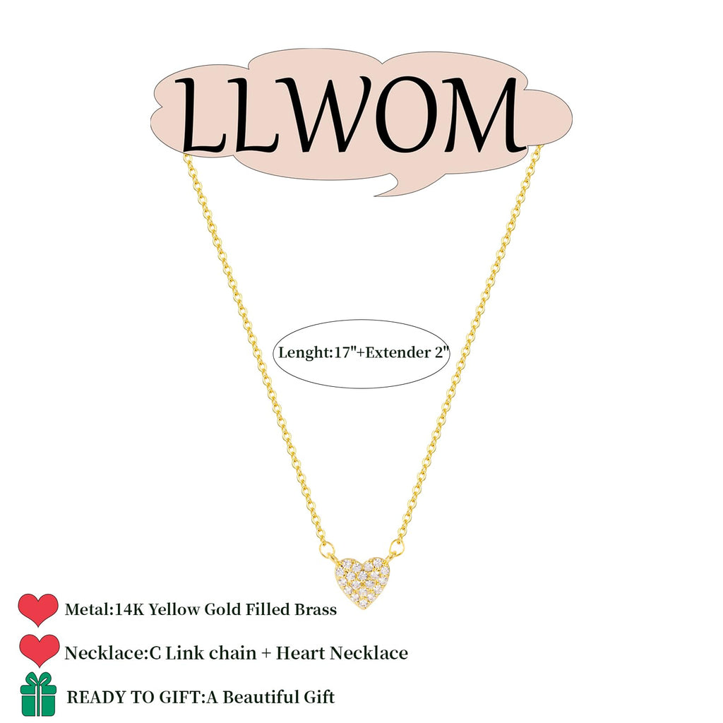 LLWOM Heart Necklaces-14k Gold Plated CZ Heart Necklace Dainty Heart Pendant Necklace for Women