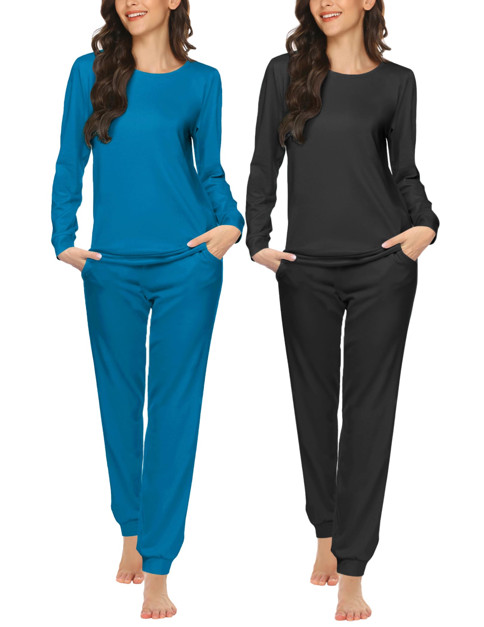 Ekouaer 2 Pack Women's Pajama Set Long Sleeve Top with Jogger Pants Lounge Sets Sleepwear Loungewear with Pockets Blue Green&Black Medium