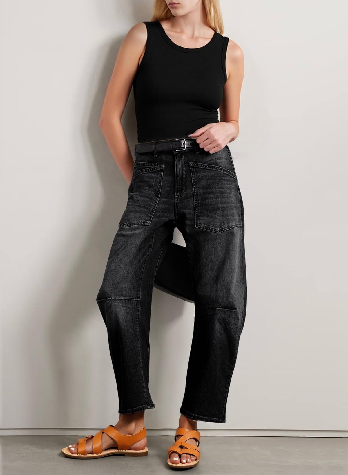 EVALESS Barrel Jeans Women Trendy 2025 Stretchy High Waisted Wide Leg Boyfriend Baggy Jean Black Size 6