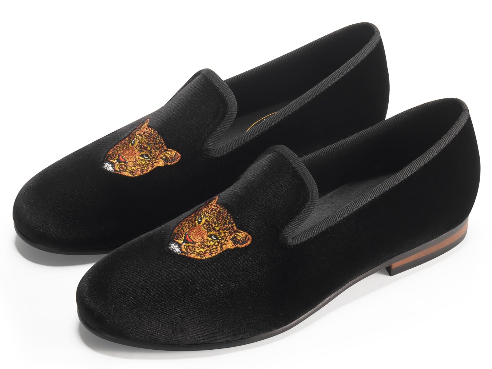 Journey West Men's Velvet Loafers Embroidery Slip-On Loafers Tuxedo Dress Shoes Smoking Slippers for Men Leopard Black 9