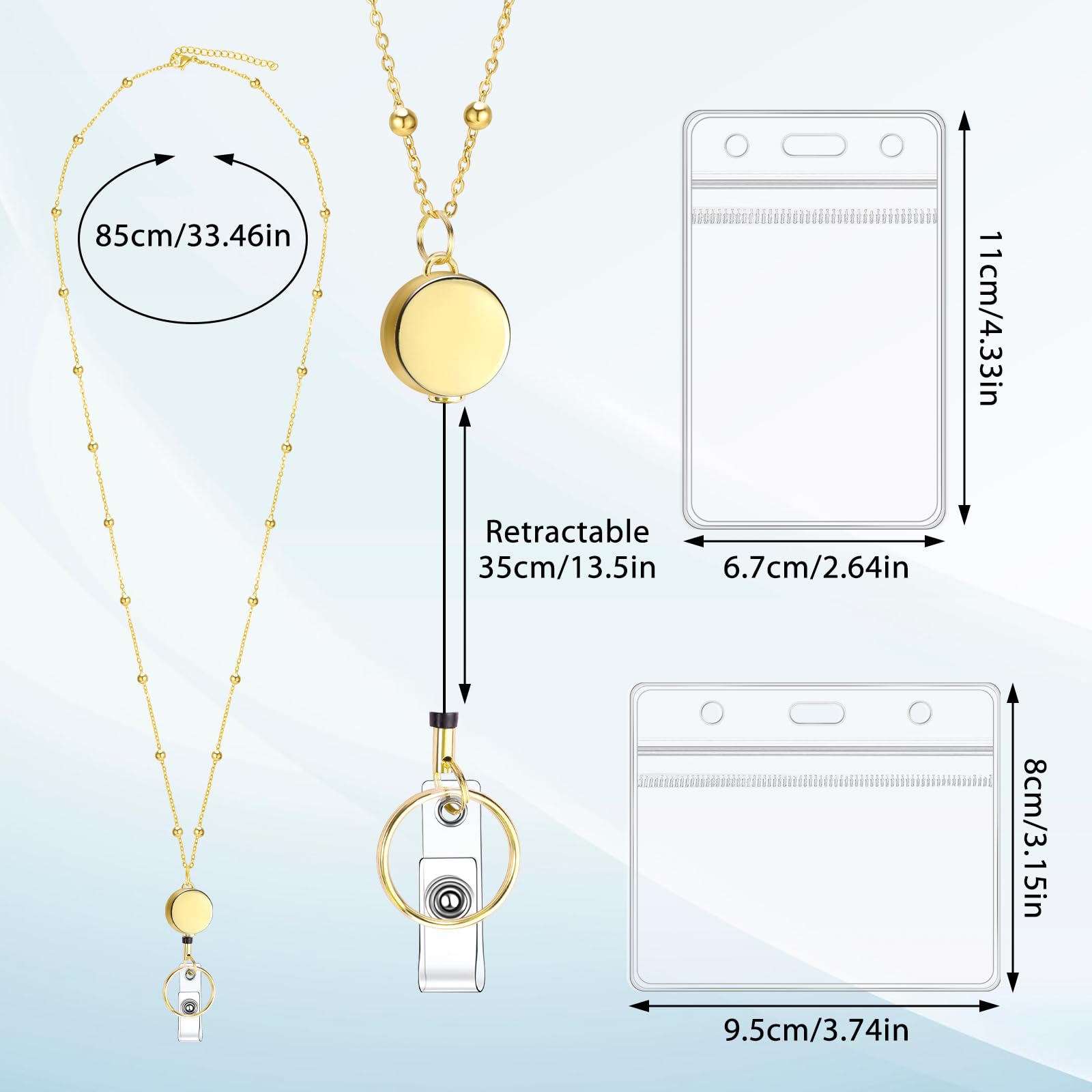 Lanyards for Id Badges Stainless Steel Badge Lanyard with 2 Pcs Waterproof Badge Holder Retractable Badge Reels Teacher Gifts Lanyard for Cruise Ship Key Cards (Gold)